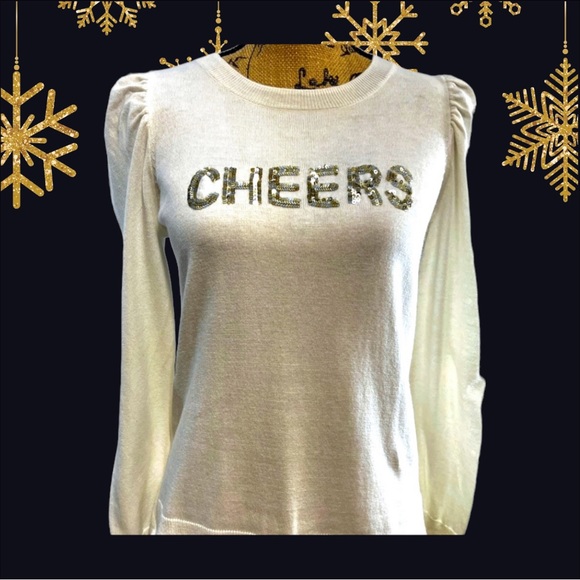 CHEERS Silver Sequin lightweight white long puff sleeves sweater NEW WITH TAGS - Picture 3 of 11